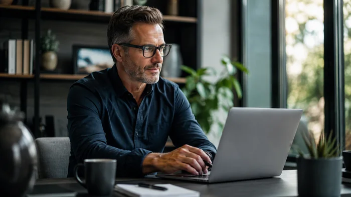 Man researching male wellness information at home