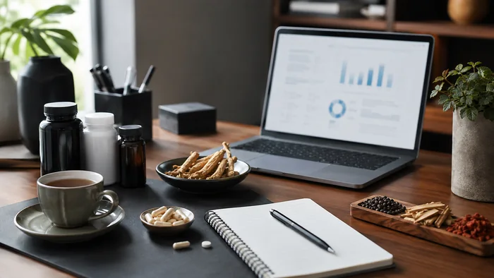 Wellness research workspace with supplements and notes