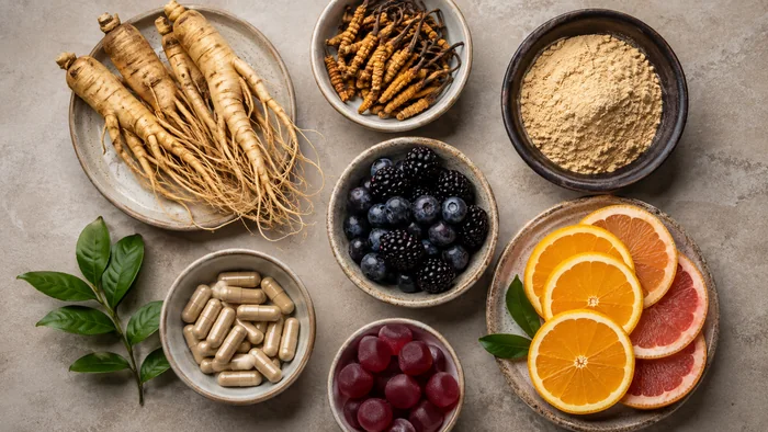 Natural wellness ingredients and supplement capsules