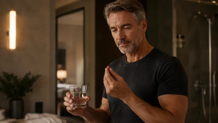 Man carefully considering a supplement before use