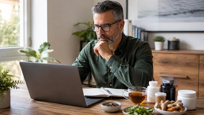 Research and wellness planning at a home desk